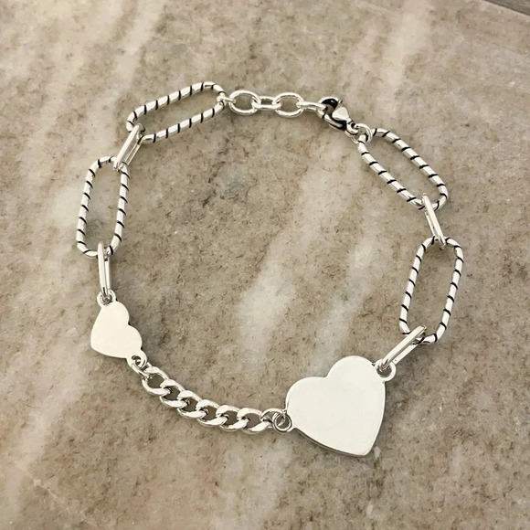 925 Sterling Silver Heart Link Bracelet Paperclip Bracelet Heart Charm Bracelet - Picture 2 of 4
